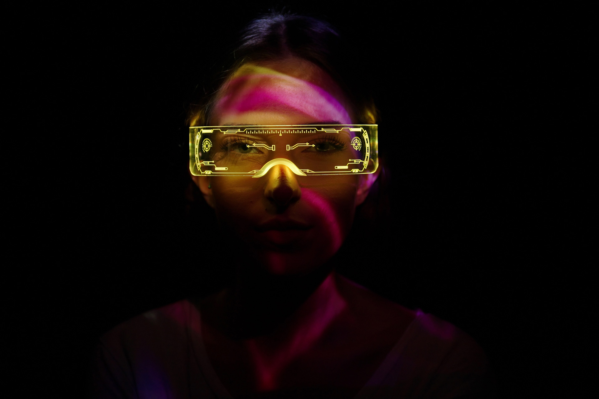 futuristic projection onto woman's glasses