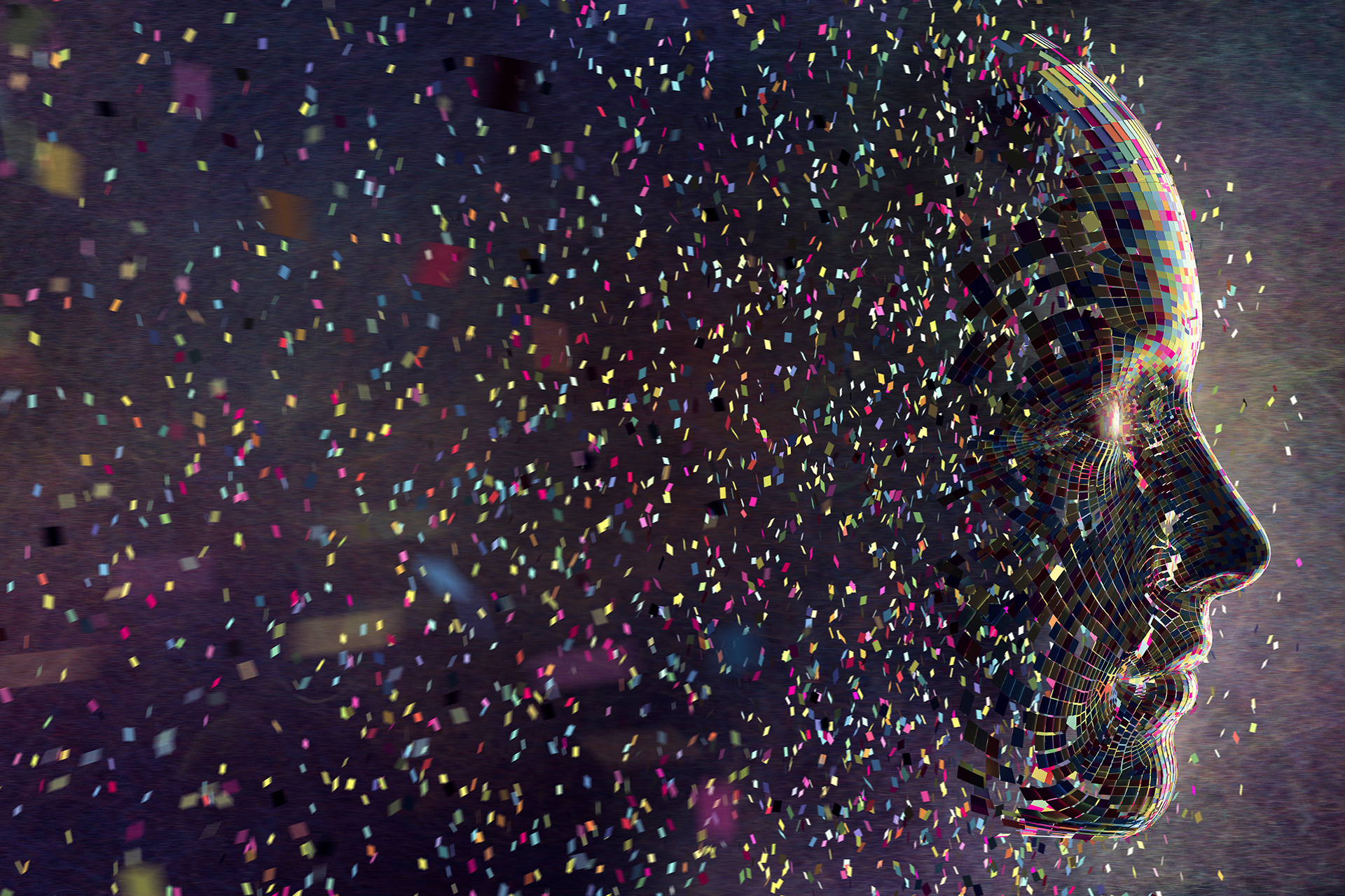 futuristic looking face with coloured particles