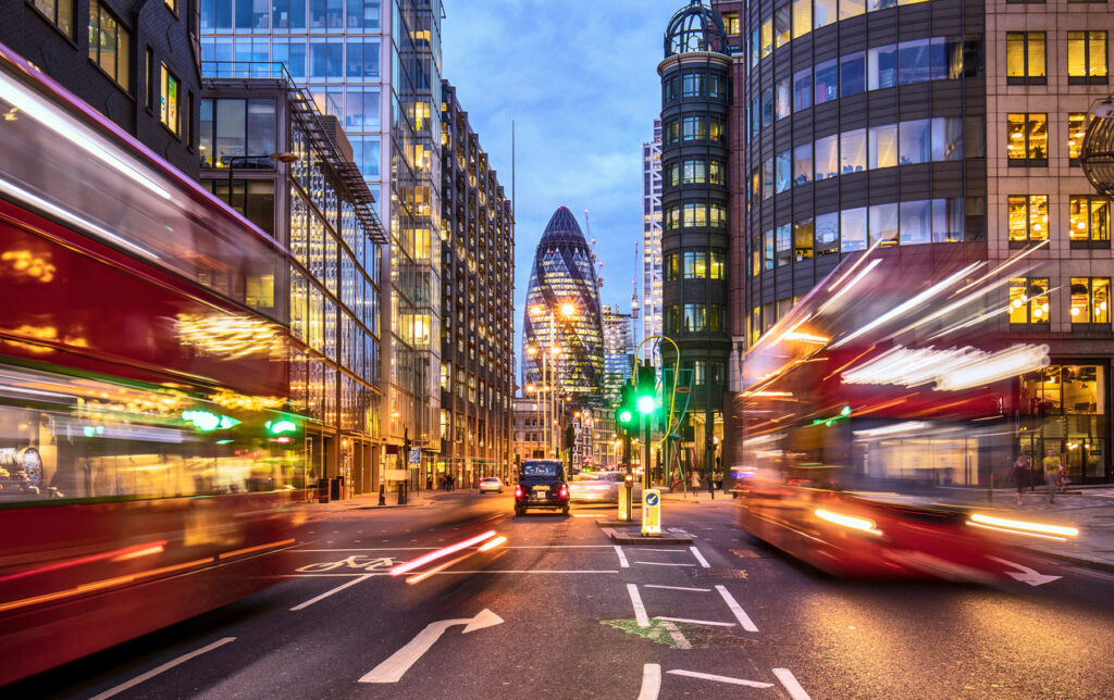 fast moving city showing traffic in London passing by